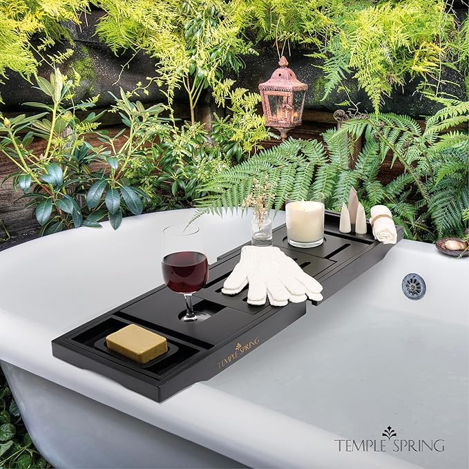 Temple Spring Wooden Bathtub Tray, Bamboo Bathroom Accessories, Bath Tray for Tub, at Home Spa Essentials, Board for Tub Table, Bath Caddy for Bathtub Accessories & Bathroom Essentials – Black