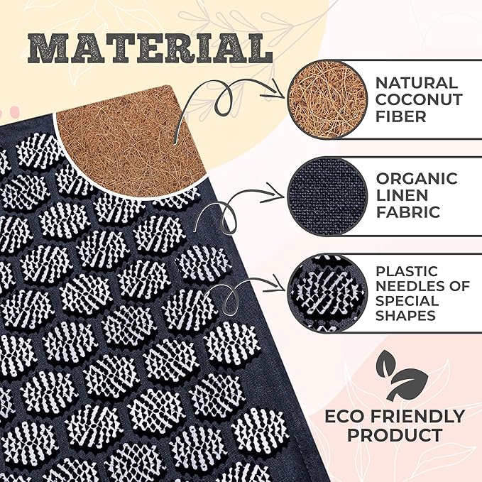 Acupressure Mat Set with 6,210 Pressure Points for Pain Relief and Relaxation Kit for Back, Neck, and Sleep – Yoga and Meditation Pillow (Deep Black)