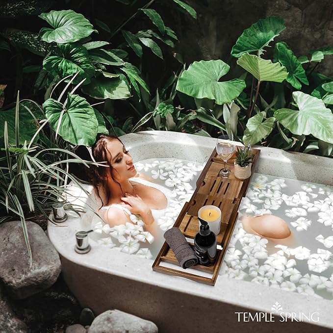 Temple Spring Foldable Bathtub Tray, Unique Design Selfcare Bathroom Caddy, Acacia Spa Bathroom Tray, Wooden Bathtub Accessories, Wedding Gift/Birthday Gift/New Home Bath Table – Not Teak