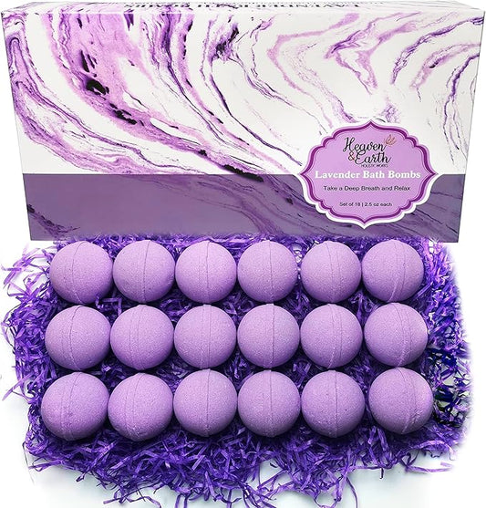 Lavender Bath Bombs Gift Set for Men & Women. 18 Individually Wrapped Bath Bombs with Organic Ingredients & Essential Oils. Relaxing Natural Bath Balls