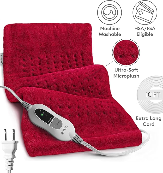 GENIANI Electric Heating Pad for Back Pain & Cramps Relief, Electric Throw, Auto Shut Off, Machine Washable, Moist Heat Pad for Neck & Shoulder - Valentines Day Gifts for Her, 12x24 Viva Magenta