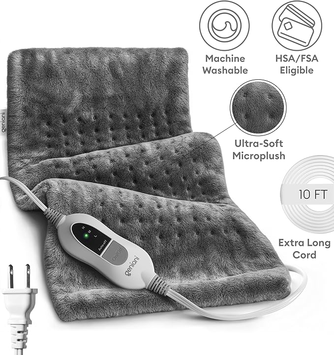 GENIANI Electric Heating Pad for Back Pain & Cramps Relief, Electric Throw, Auto Shut Off, Machine Washable, Heating Pad for Neck & Shoulder (12×24", Tabby Gray)