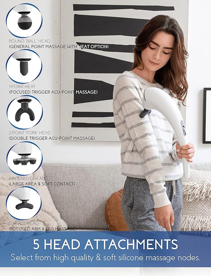 Zyllion Handheld Back and Neck Massager - Cordless Rechargeable Electric Vibrating Deep Tissue Massage with Heat for Athletes, Recovery and Muscle Pain Relief - White (ZMA-27-WT)