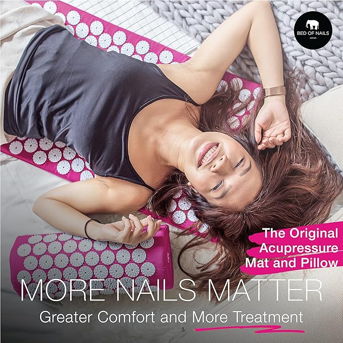 BED OF NAILS The Comfortable Acupressure Mat Pillow Strap Massage Set - Neck and Back Pain Relief, Acupuncture Mat and Pillow Set for Increased Energy & Relaxation, Carry Bag, FSA/HSA Eligible,Pink