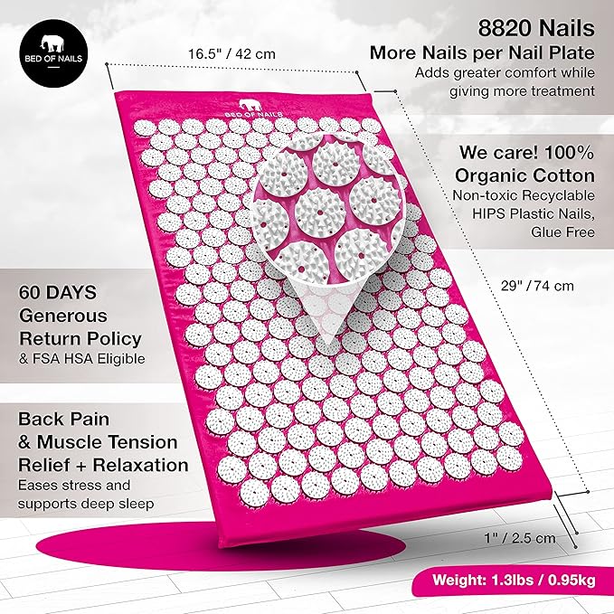 BED OF NAILS The Comfortable Acupressure Mat Pillow Strap Massage Set - Neck and Back Pain Relief, Acupuncture Mat and Pillow Set for Increased Energy & Relaxation, Carry Bag, FSA/HSA Eligible,Pink