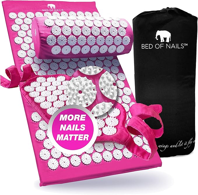 BED OF NAILS The Comfortable Acupressure Mat Pillow Strap Massage Set - Neck and Back Pain Relief, Acupuncture Mat and Pillow Set for Increased Energy & Relaxation, Carry Bag, FSA/HSA Eligible,Pink