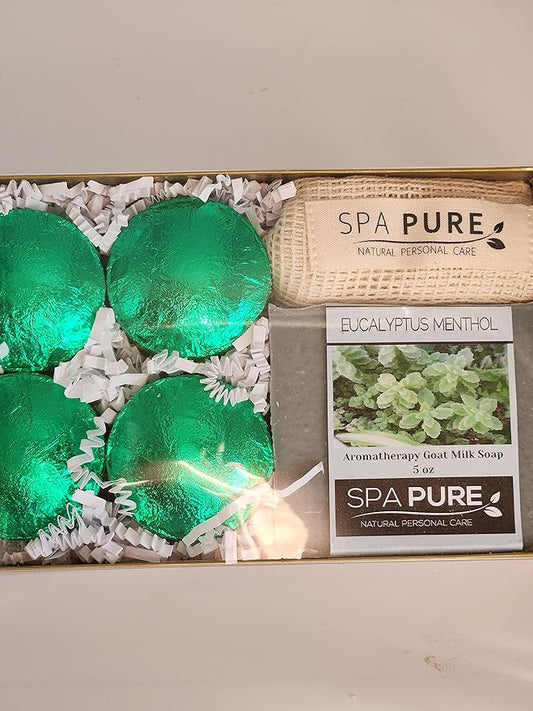 Spa Pure Eucalyptus Menthol Shower Steamers: Aromatherapy Gift Set with Artisan soap, 4 Shower Steamers, made with plant based ingredients, essential oils, all natural
