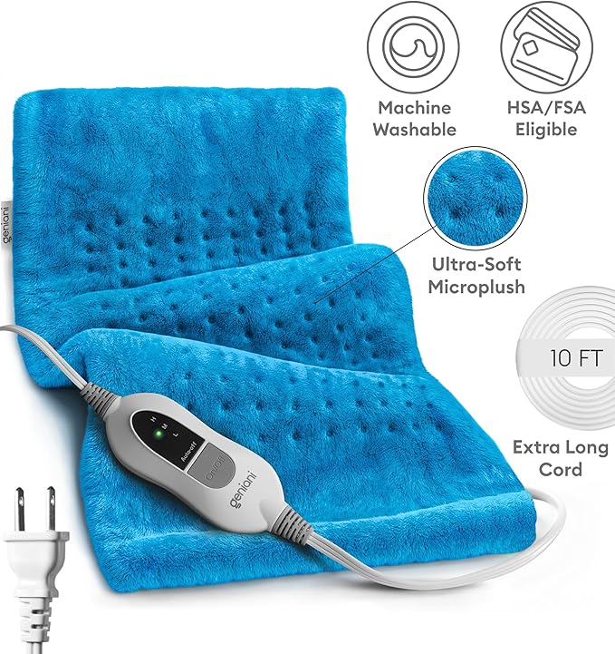 GENIANI Electric Heating Pad for Back Pain & Cramps Relief, Electric Throw, Auto Shut Off, Machine Washable, Moist Heat Pad for Neck & Shoulder - Valentines Day Gifts for Her (12×24", Aqua Blue)