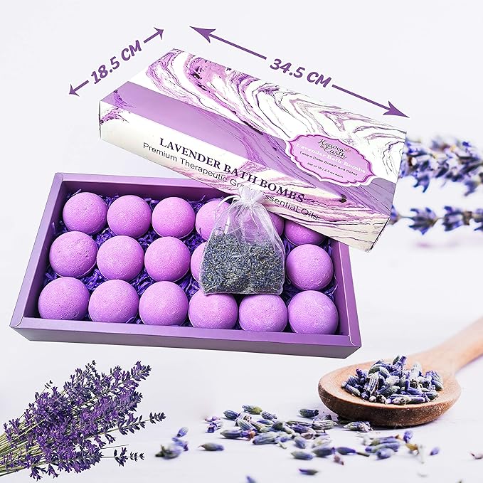 Lavender Bath Bombs Gift Set for Men & Women. 18 Individually Wrapped Bath Bombs with Organic Ingredients & Essential Oils. Relaxing Natural Bath Balls