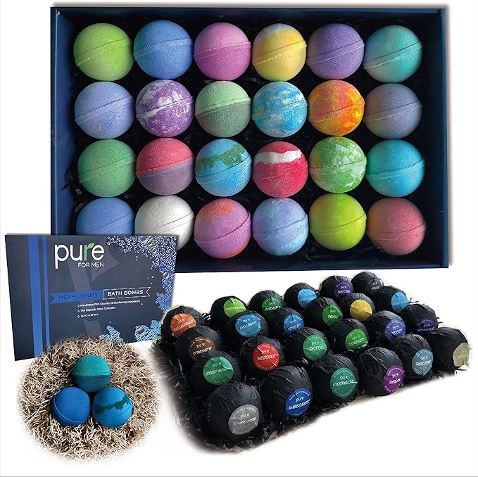 Men's Bath Bombs Gift Set. 24 Therapeutic Shea Bath Bombs for Men! Large Spa Fizzers with Moisturizing & Essential Oils. Aromatherapy Bath Bomb Set Makes Best Gift Set for Men, Husband, Boyfriend etc