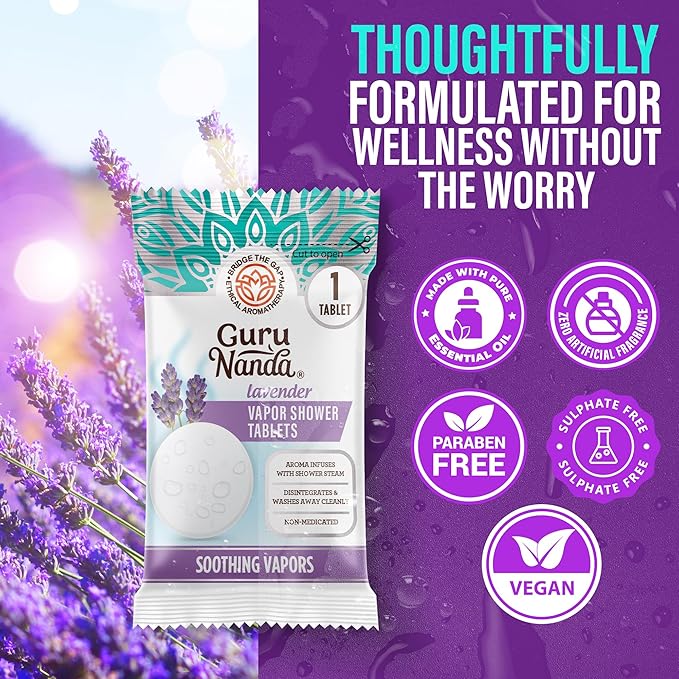 GuruNanda Lavender Vapor Shower Tablets, Clean-Dissolving Aromatherapy Shower Steamers with Lavender & Menthol, Soothes & Promotes Relaxation, Ideal for Gifting, 15 Count