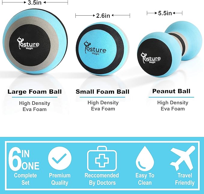 Posture Magic Massage Ball Set for Myofascial Trigger Point Release & Deep Tissue Massage - Set of 6 - Large Foam/Small Foam/Lacrosse/Peanut/Spiky/Hand Exercise Ball (Blue)