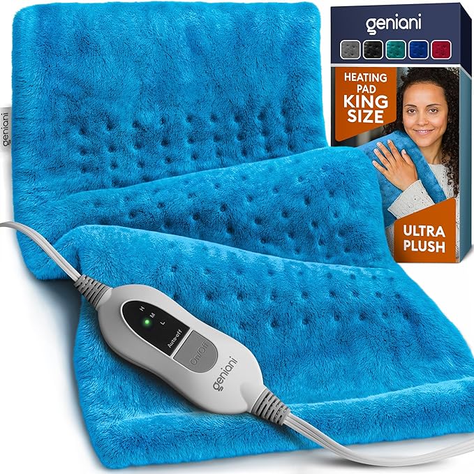 GENIANI Electric Heating Pad for Back Pain & Cramps Relief, Electric Throw, Auto Shut Off, Machine Washable, Moist Heat Pad for Neck & Shoulder - Valentines Day Gifts for Her (12×24", Aqua Blue)
