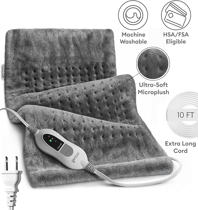 GENIANI Electric Throw - XXL 18"x26" Heating Pad for Back Pain & Cramps Relief, Auto Shut Off, Machine Washable, Heat Pad, Holiday Gifts for Women, Men, Heat Patches (Tabby Gray)
