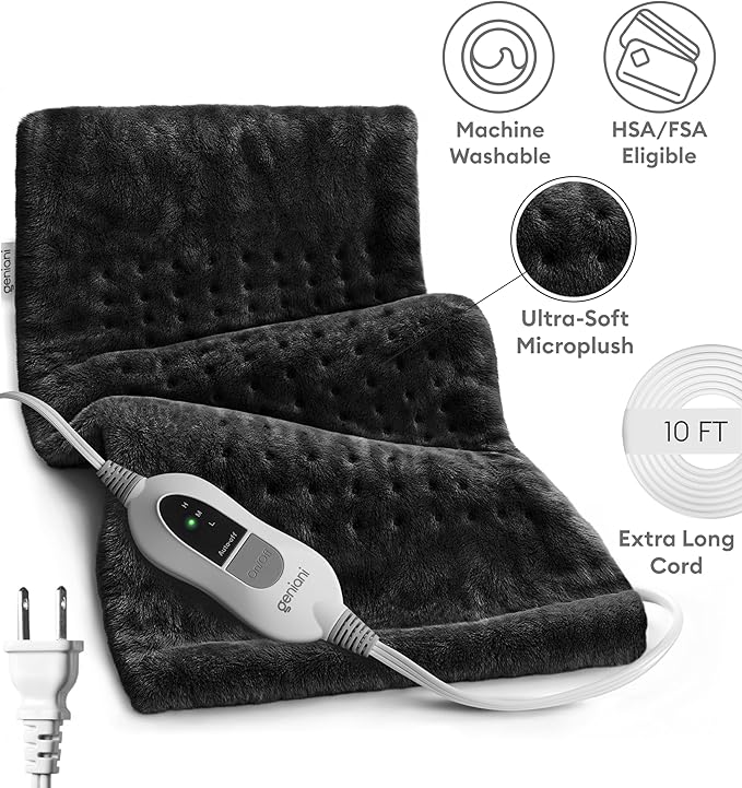 GENIANI Electric Heating Pad for Back Pain & Cramps Relief, Electric Throw, Auto Shut Off, Machine Washable, Moist Heat Pad for Neck & Shoulder - Valentines Day Gifts for Her (12'‘×24" Black)