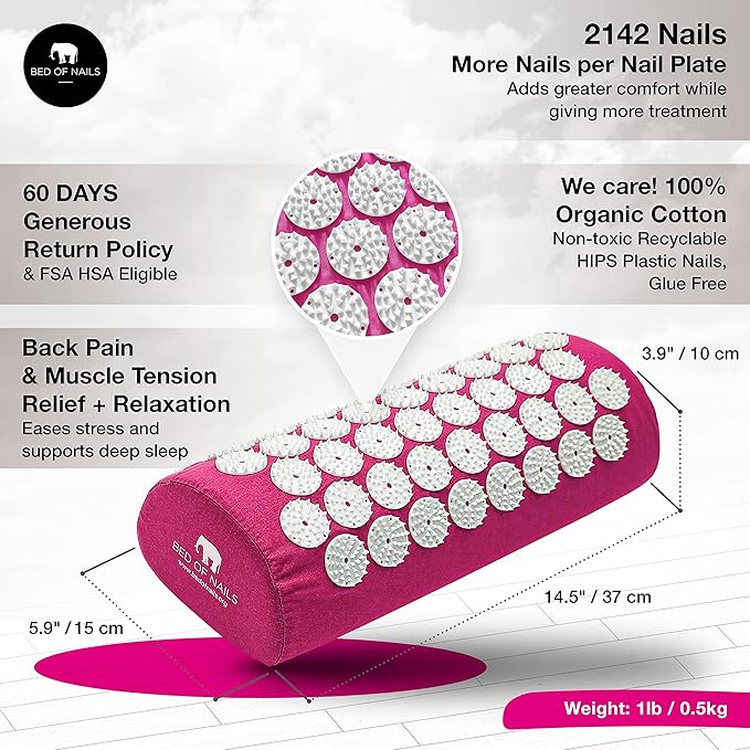 BED OF NAILS The Comfortable Acupressure Mat Pillow Strap Massage Set - Neck and Back Pain Relief, Acupuncture Mat and Pillow Set for Increased Energy & Relaxation, Carry Bag, FSA/HSA Eligible,Pink