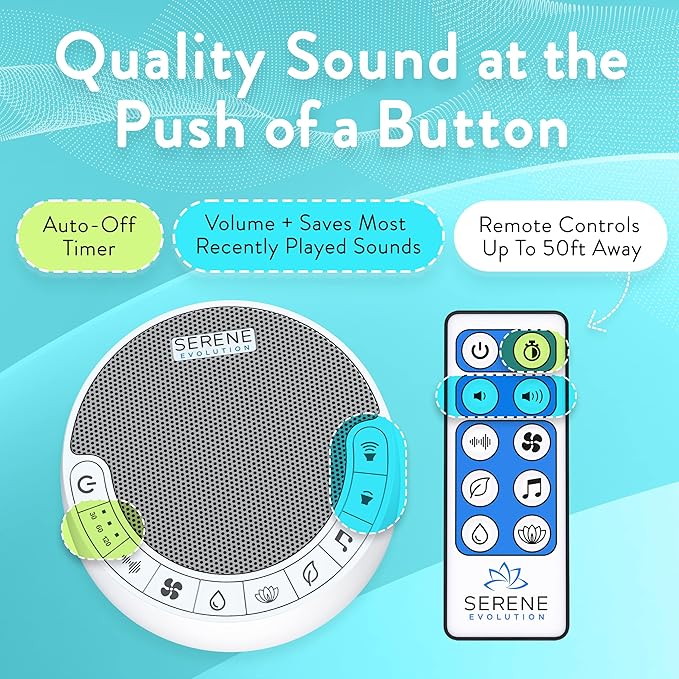 Serene Evolution White Noise Machine with 60 Soothing Sounds - Sound Machine for Adults and Baby - Noise Cancelling Sleep Music Device with Remote Control - Ideal for Office Privacy - Black