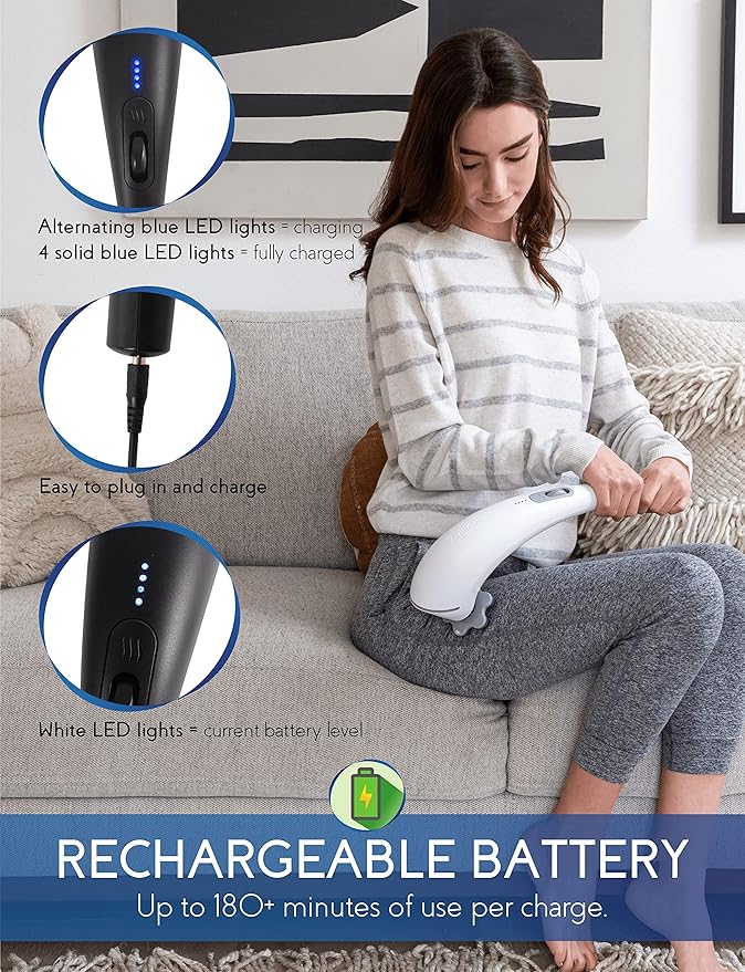 Zyllion Handheld Back and Neck Massager - Cordless Rechargeable Electric Vibrating Deep Tissue Massage with Heat for Athletes, Recovery and Muscle Pain Relief - White (ZMA-27-WT)