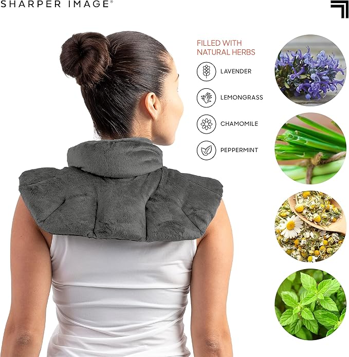 Sharper Image Heated Neck & Shoulder Wrap - Microwavable Warm & Cooling Plush Pad, Scented Aromatherapy (100% Natural Lavender & Herb Spa Blend), Pain Tension Headache Relief Therapy, Gift for Women
